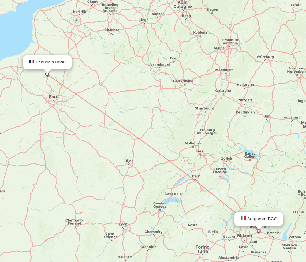 Milan - Paris route map and flight paths
