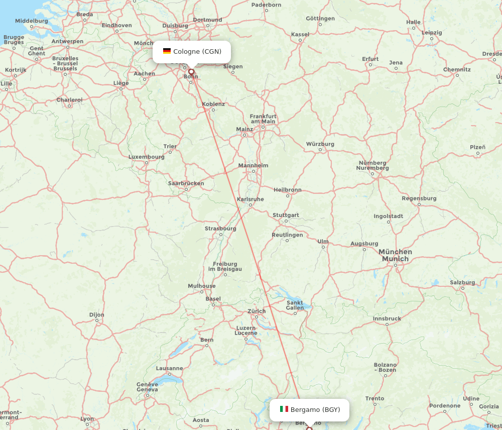 Milan - Cologne route map and flight paths