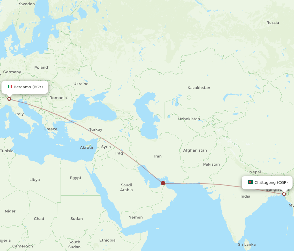 Chittagong - Milan route map and flight paths