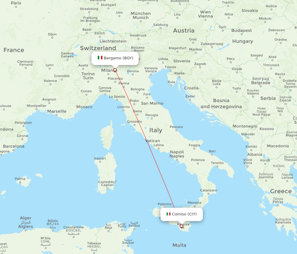 Milan - Comiso route map and flight paths