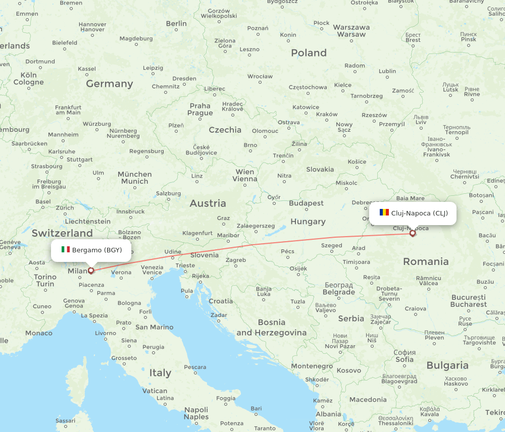 Milan - Cluj-Napoca route map and flight paths
