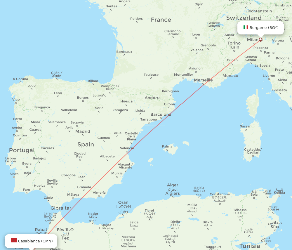 Milan - Casablanca route map and flight paths