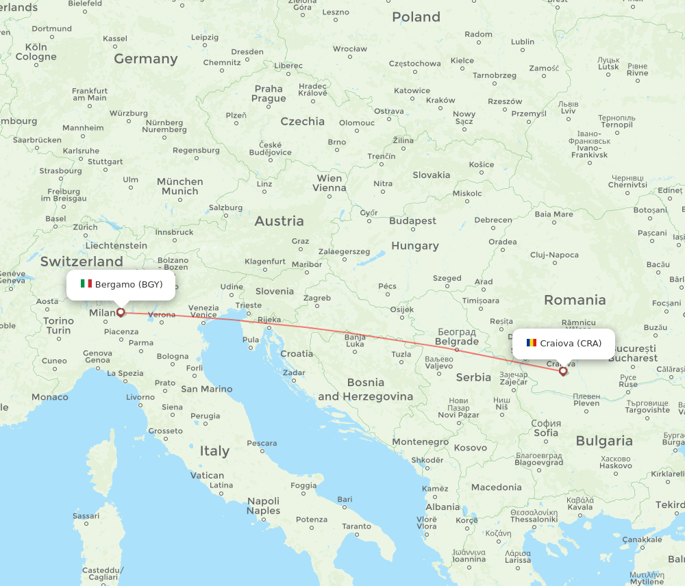 Milan - Craiova route map and flight paths