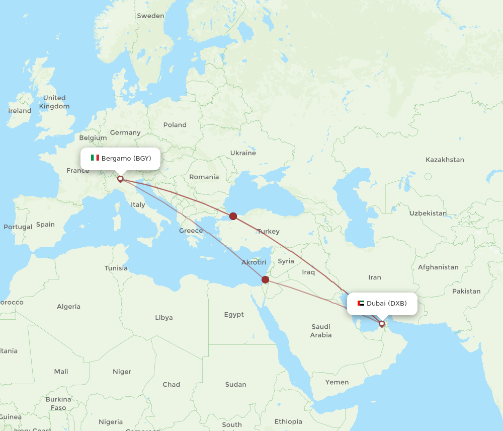 BGY to DXB flights and routes map