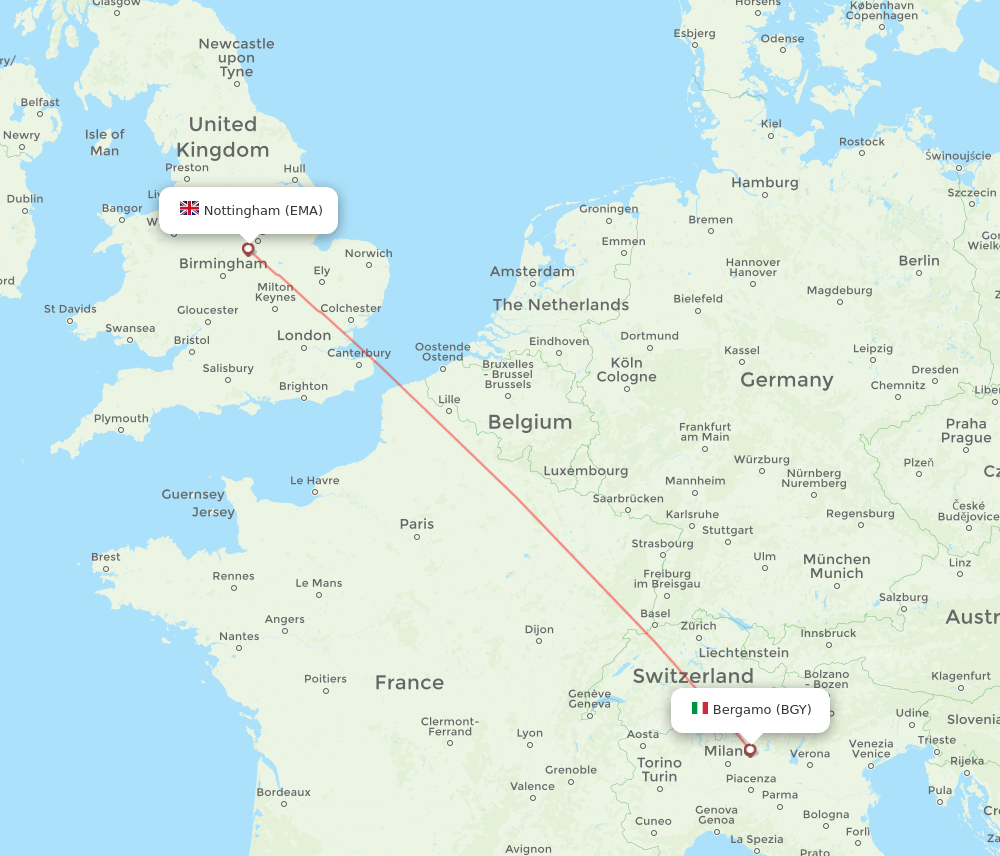 BGY to EMA flights and routes map