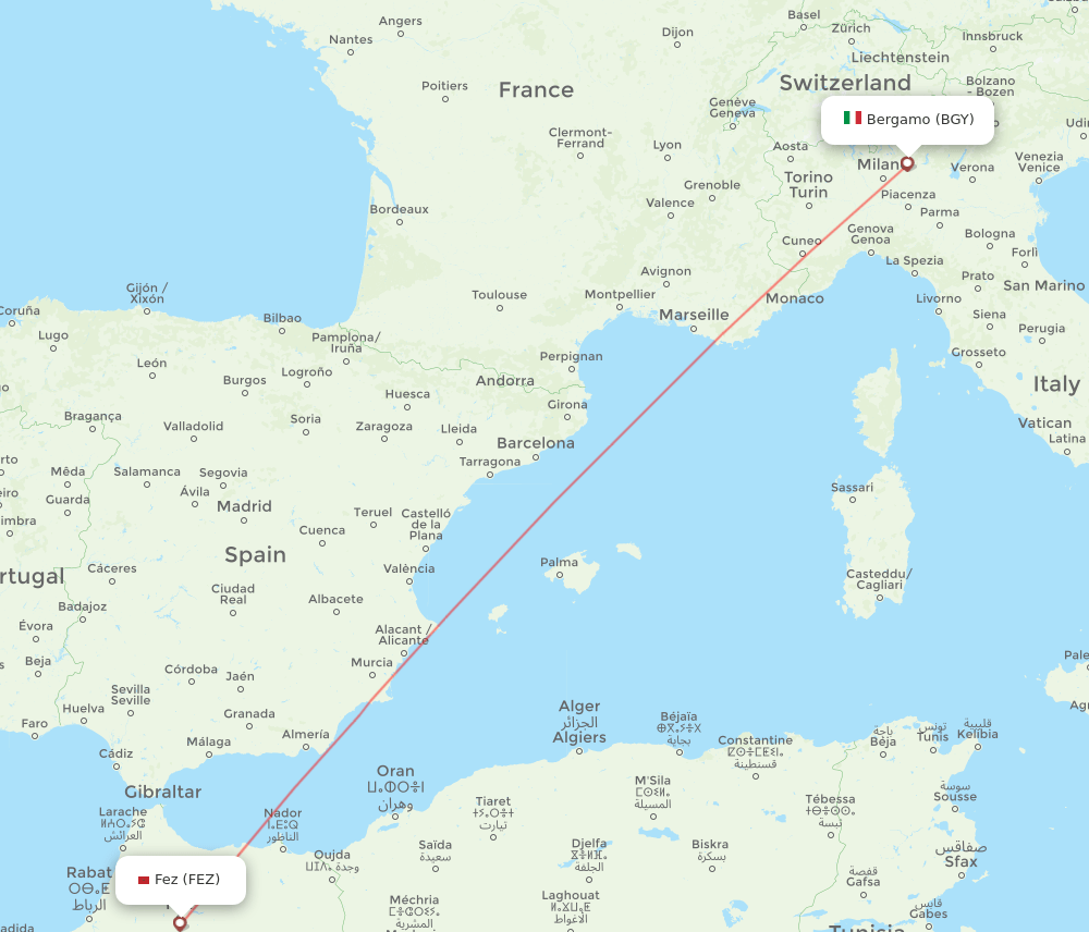 Milan - Fes route map and flight paths