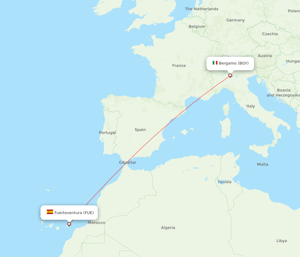 Milan - Puerto del Rosario route map and flight paths