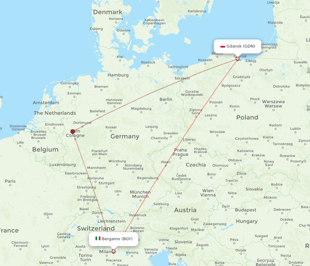 Milan - Gdansk route map and flight paths