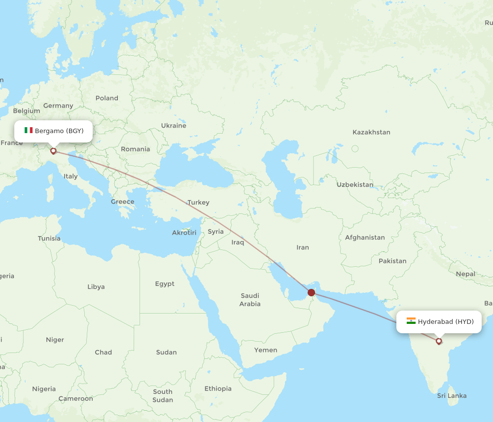 Milan - Hyderabad route map and flight paths