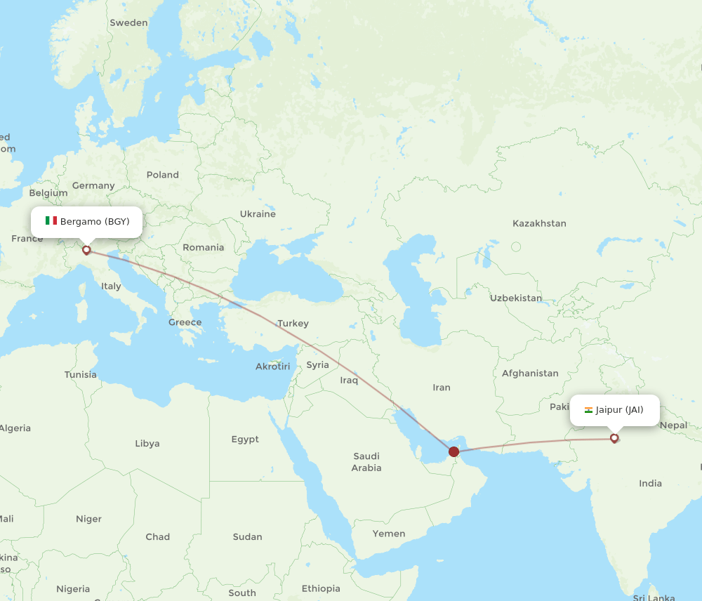 Jaipur - Milan route map and flight paths