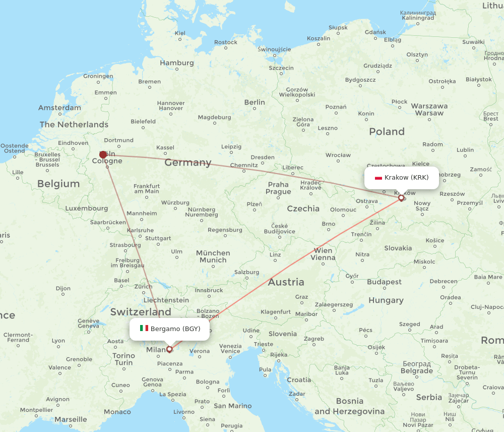BGY to KRK flights and routes map