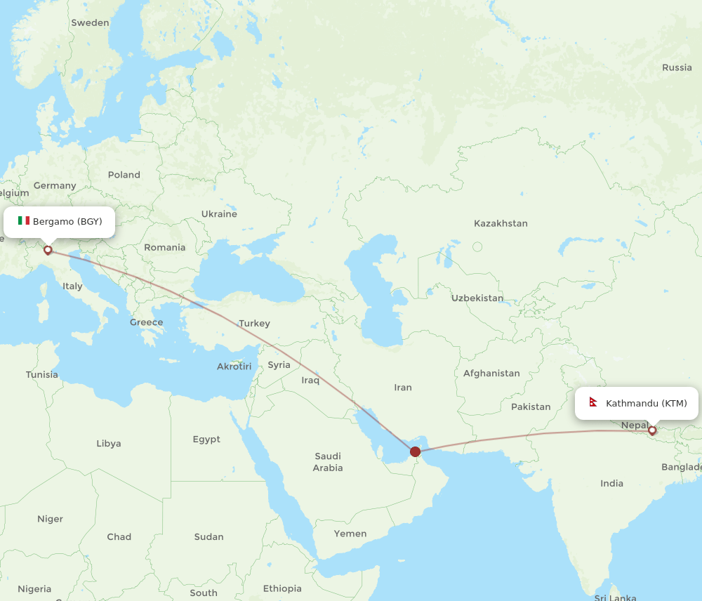 Kathmandu - Milan route map and flight paths