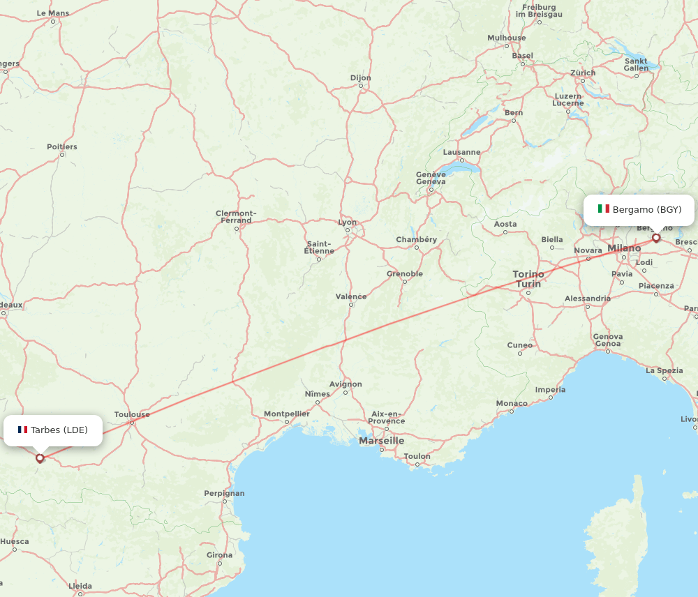 Milan - Lourdes route map and flight paths