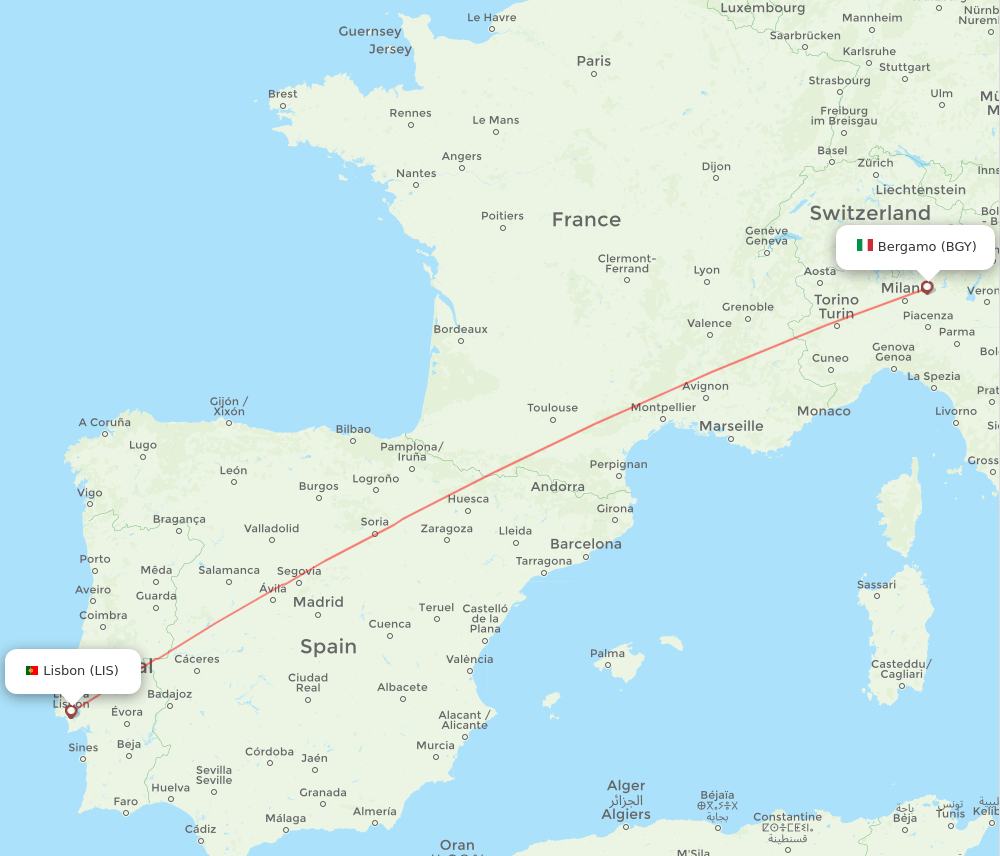 Milan - Lisbon route map and flight paths