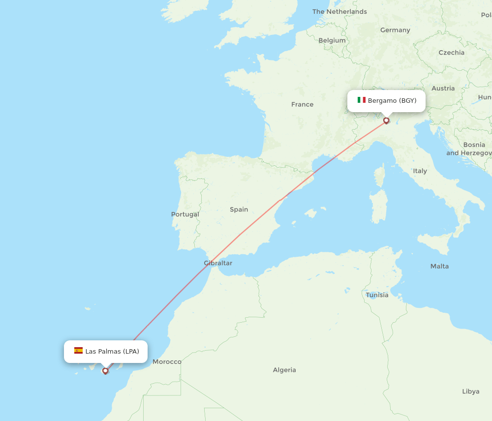 Milan - Las Palmas route map and flight paths