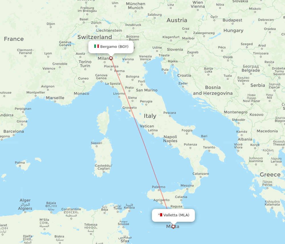 Milan - Malta route map and flight paths