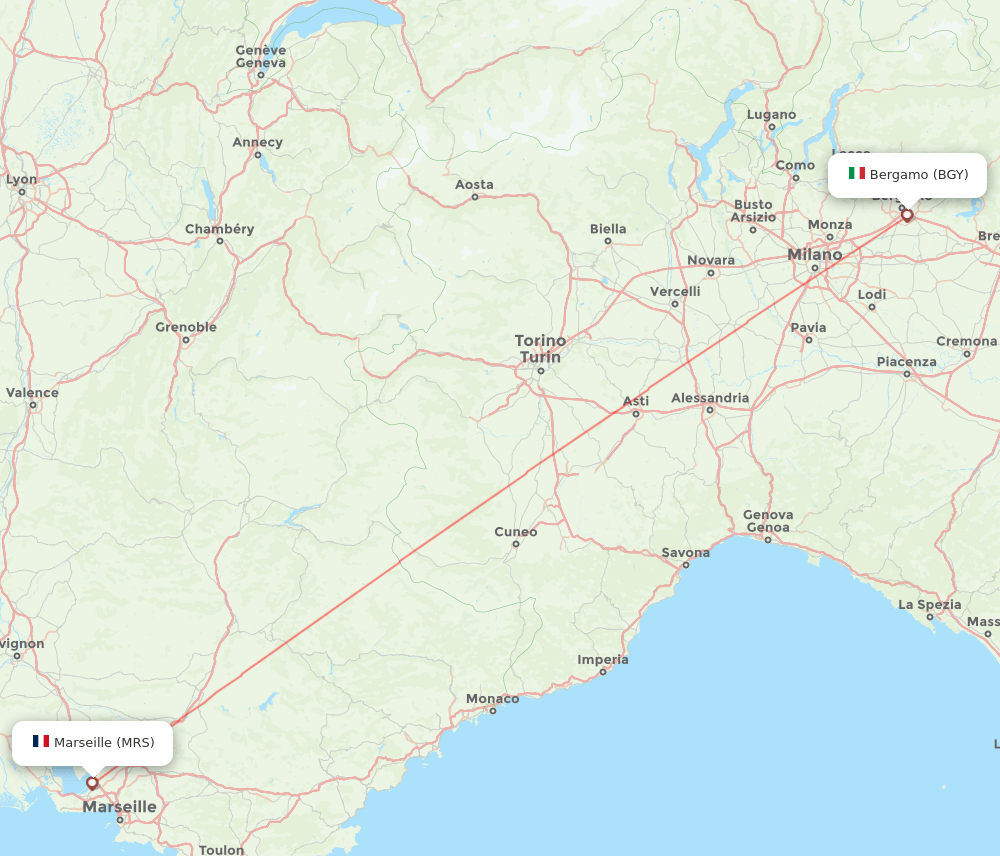 Milan - Marseille route map and flight paths