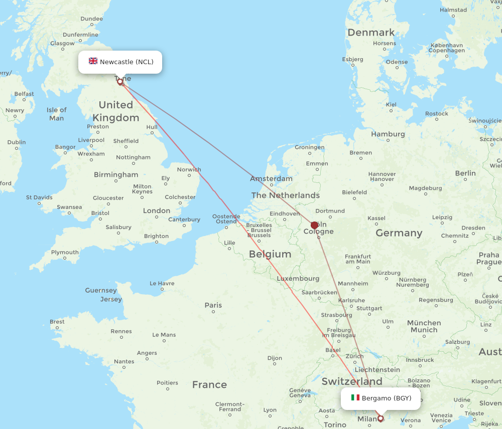 BGY to NCL flights and routes map