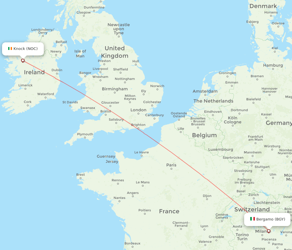 Milan - Knock route map and flight paths