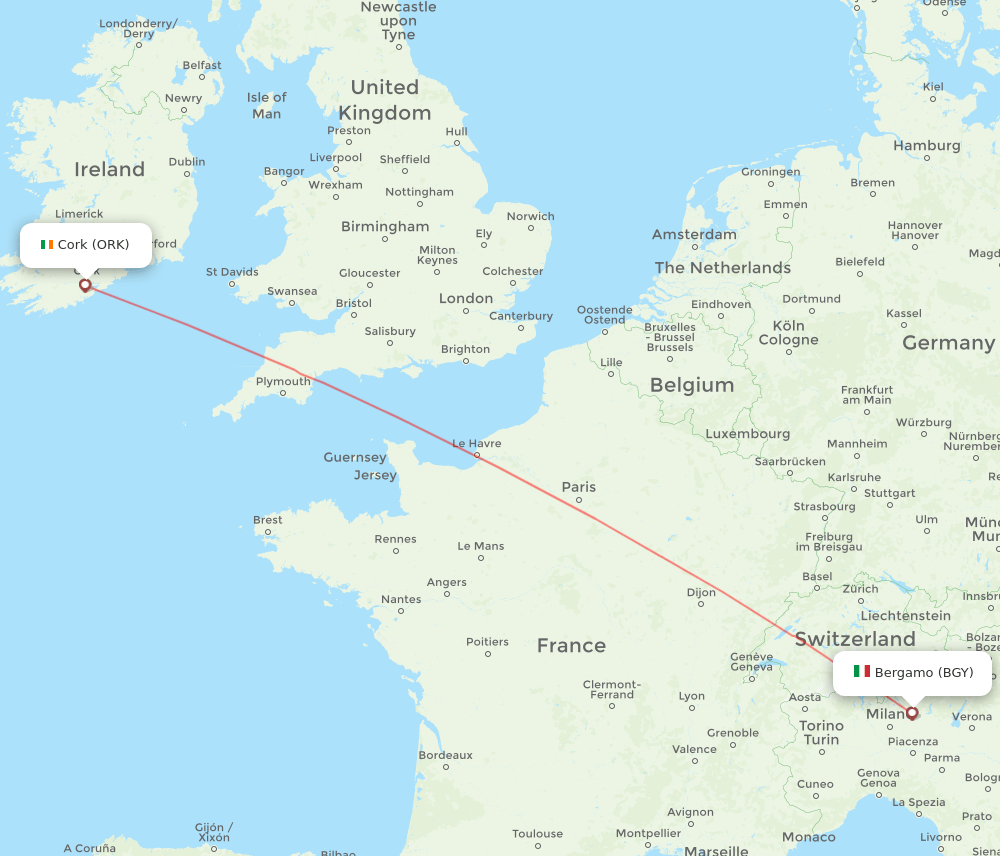 Milan - Cork route map and flight paths