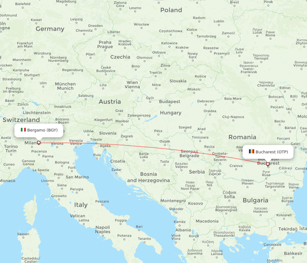 Milan - Bucharest route map and flight paths