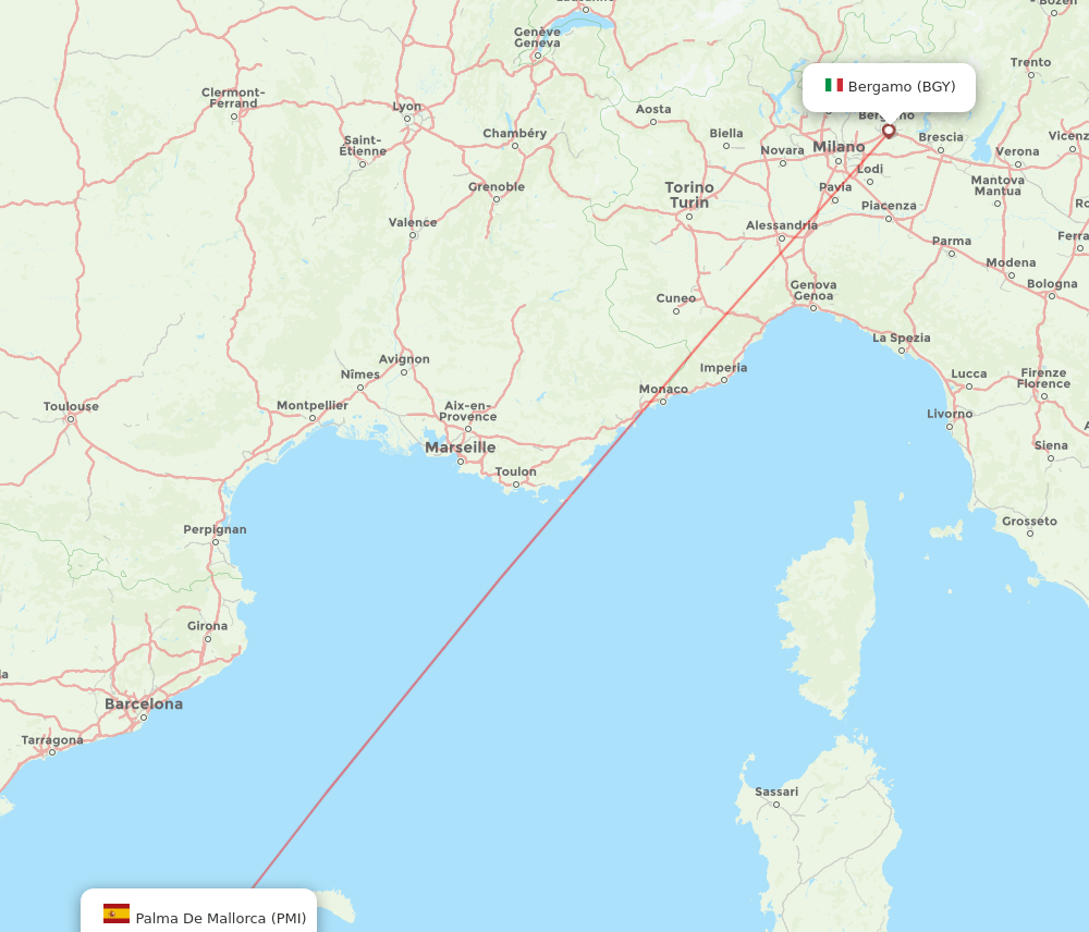 Milan - Palma de Mallorca route map and flight paths
