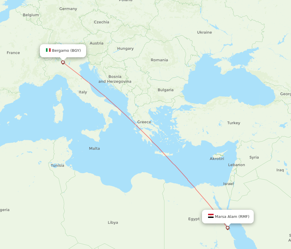 Milan - Marsa Alam route map and flight paths