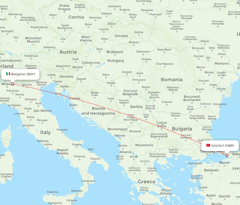 Milan - Istanbul route map and flight paths