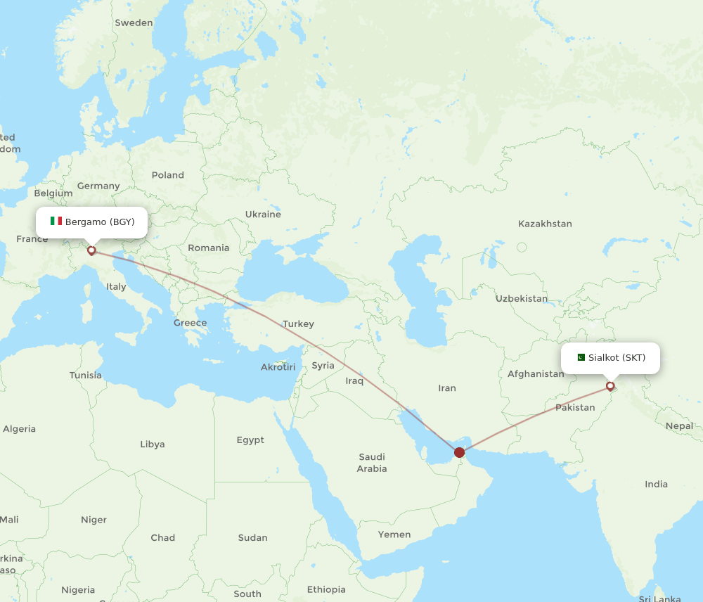 Sialkot - Milan route map and flight paths