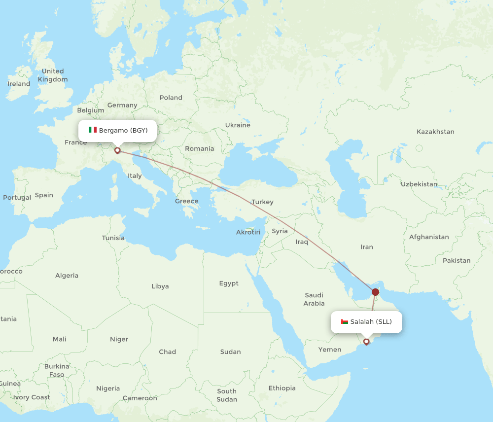 Salalah - Milan route map and flight paths
