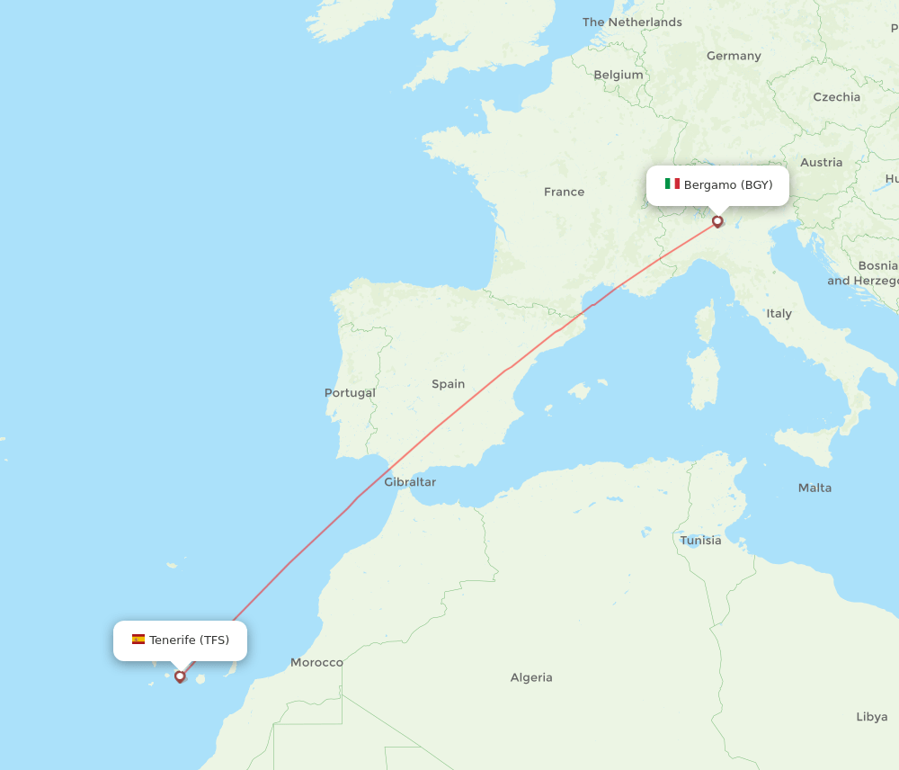 Milan - Tenerife route map and flight paths
