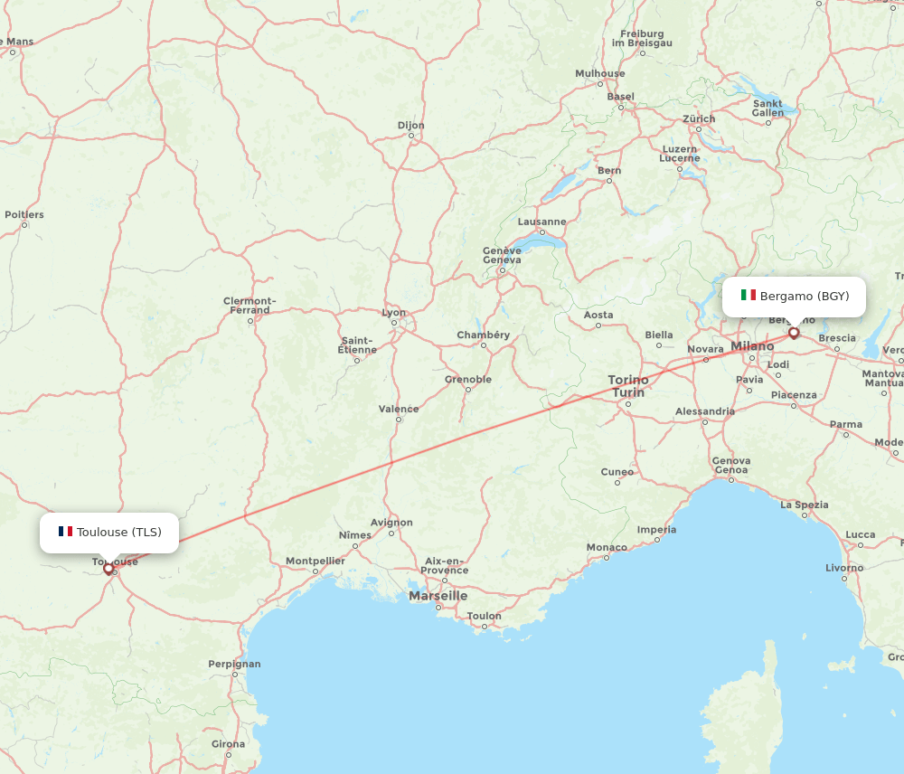 Milan - Toulouse route map and flight paths