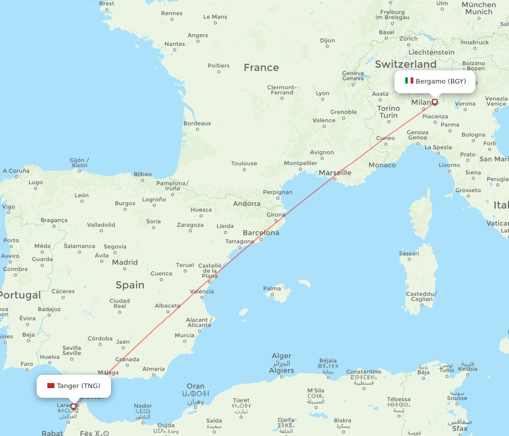 Milan - Tangier route map and flight paths