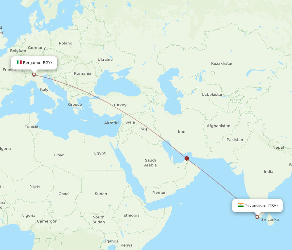 Thiruvananthapuram - Milan route map and flight paths