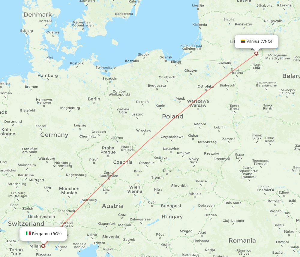 Milan - Vilnius route map and flight paths