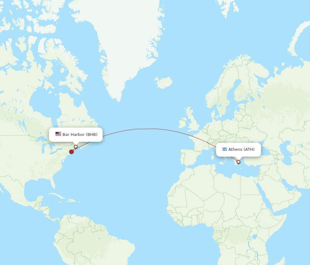 Athens - Bar Harbor route map and flight paths