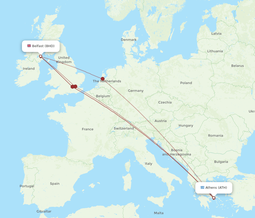 BHD to ATH flights and routes map