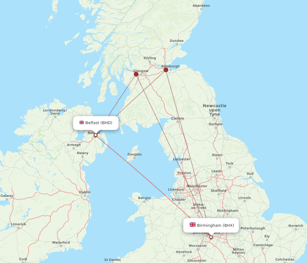 BHD to BHX flights and routes map