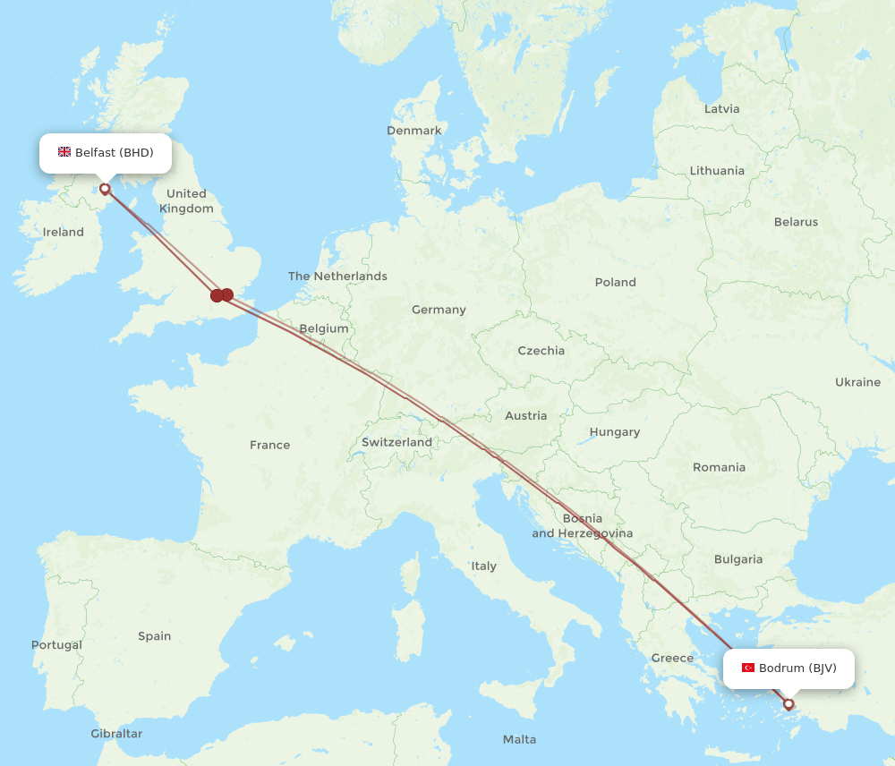 Bodrum - Belfast route map and flight paths