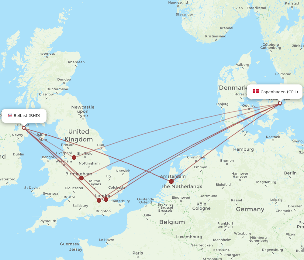 BHD to CPH flights and routes map