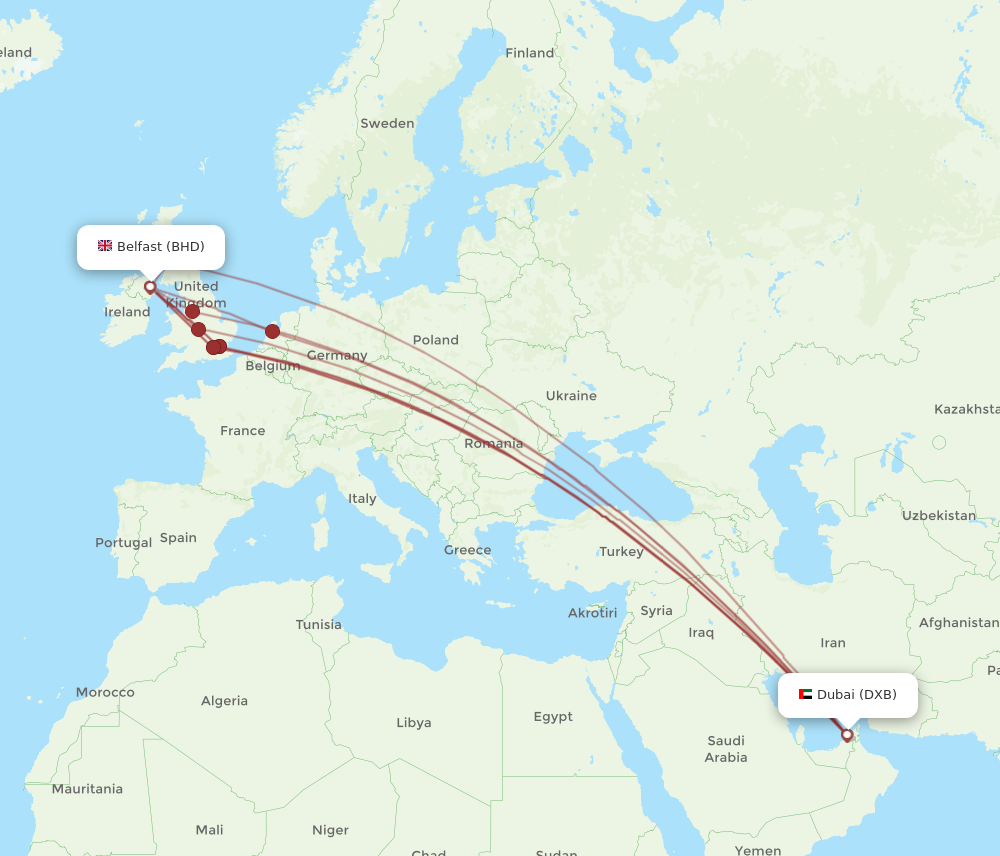 BHD to DXB flights and routes map