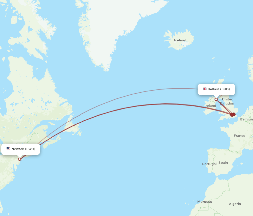 BHD to EWR flights and routes map