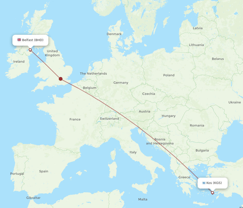 BHD to KGS flights and routes map