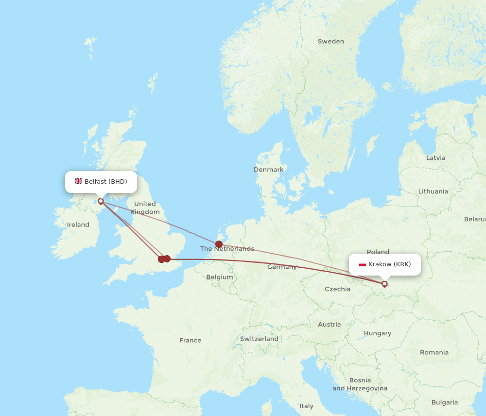 BHD to KRK flights and routes map