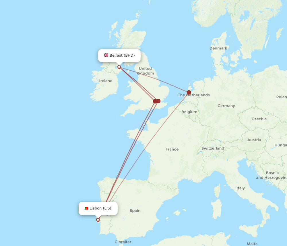 BHD to LIS flights and routes map