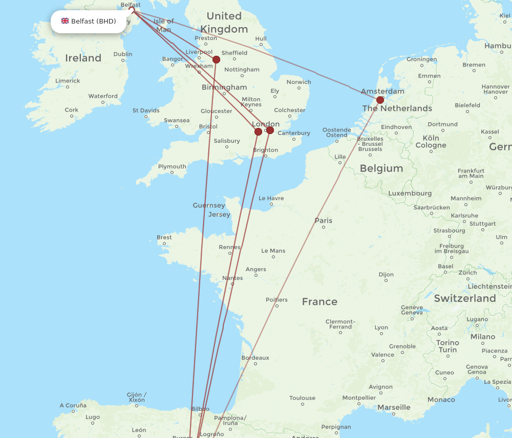 BHD to MAD flights and routes map