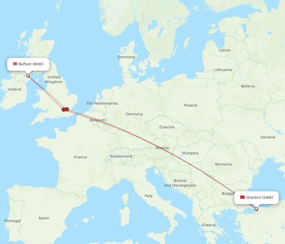 BHD to SAW flights and routes map