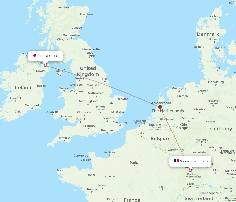 Belfast - Strasbourg route map and flight paths