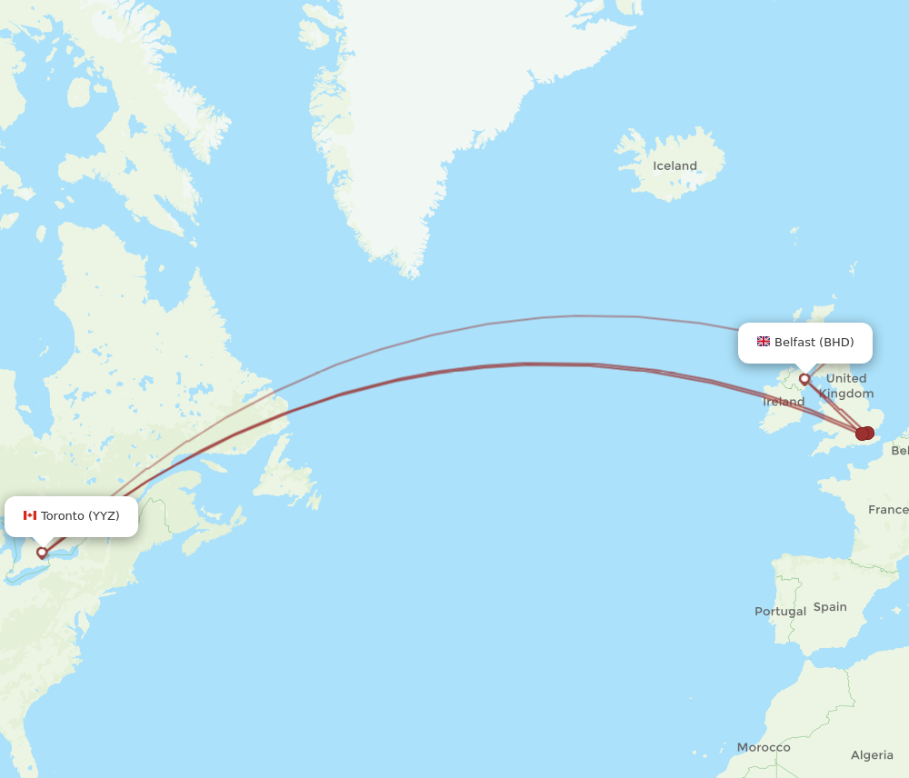 YYZ to BHD flights and routes map