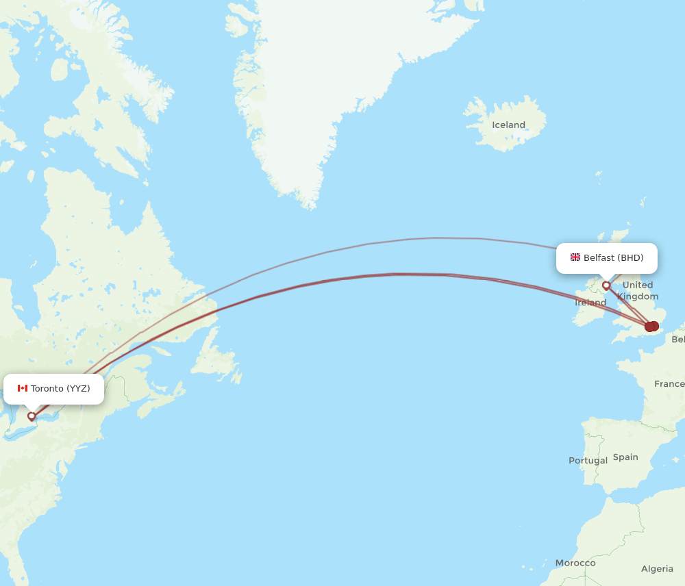 Toronto - Belfast route map and flight paths